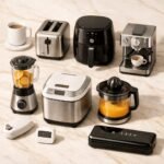 10 smart kitchen gadgets arranged on a marble countertop in a modern minimalist kitchen