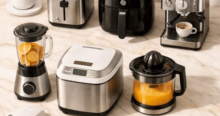 10 smart kitchen gadgets arranged on a marble countertop in a modern minimalist kitchen