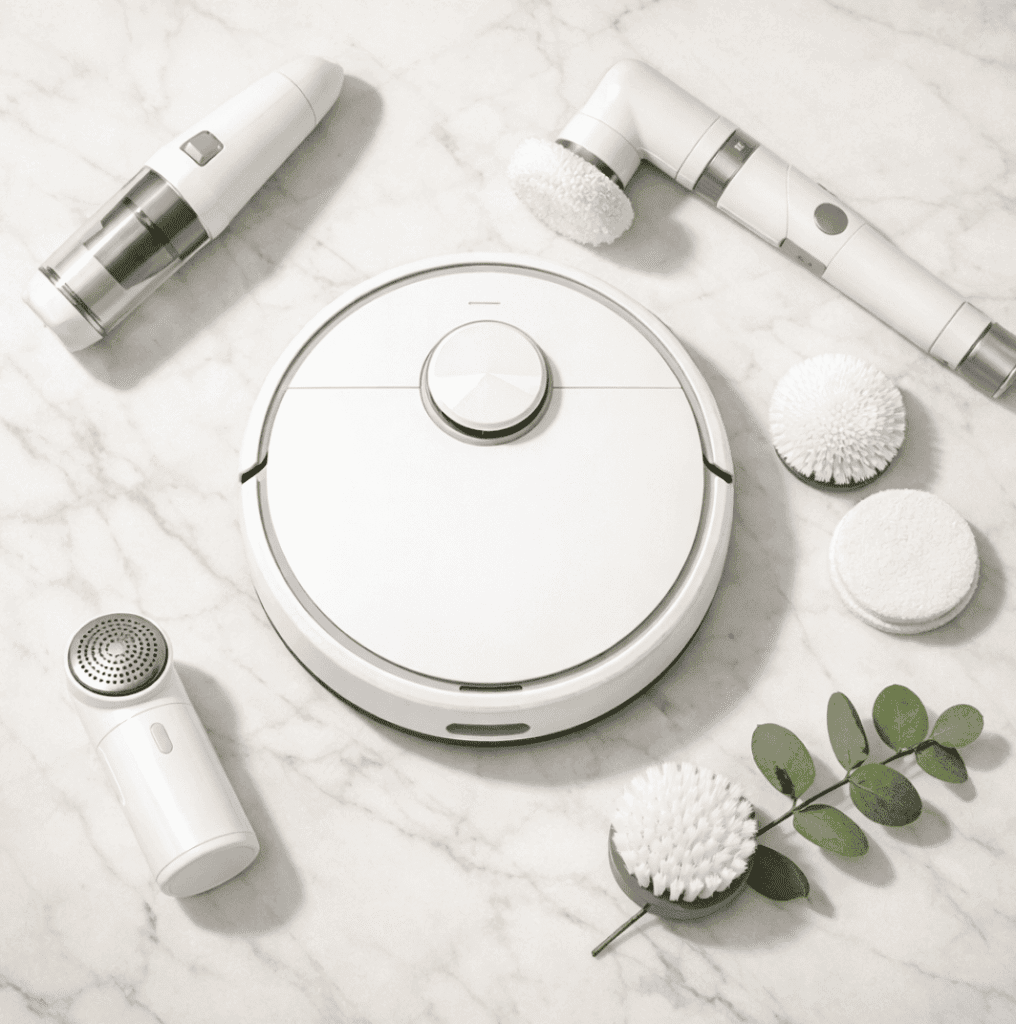 Overhead flat-lay of a white robot vacuum centered on a marble surface, surrounded by a cordless handheld vacuum, electric spin scrubber with brush heads, fabric shaver, and eucalyptus branch in soft natural light.