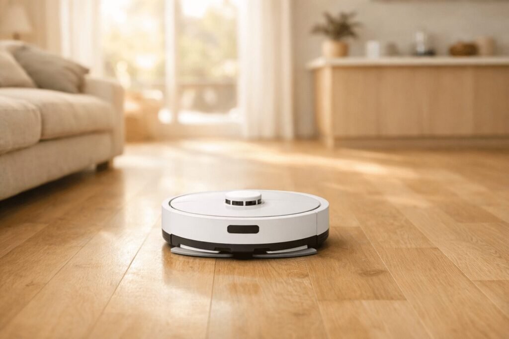 Warm, sunlit open-plan living space with light oak hardwood floors stretching across the frame. A sleek white robot vacuum and mop combo sits centered in the mid-ground on the gleaming floor, presented as a natural part of the home rather than a product shot.