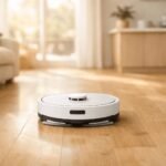 Warm, sunlit open-plan living space with light oak hardwood floors stretching across the frame. A sleek white robot vacuum and mop combo sits centered in the mid-ground on the gleaming floor, presented as a natural part of the home rather than a product shot.