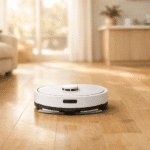 Warm, sunlit open-plan living space with light oak hardwood floors stretching across the frame. A sleek white robot vacuum and mop combo sits centered in the mid-ground on the gleaming floor, presented as a natural part of the home rather than a product shot.