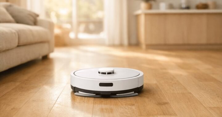 Warm, sunlit open-plan living space with light oak hardwood floors stretching across the frame. A sleek white robot vacuum and mop combo sits centered in the mid-ground on the gleaming floor, presented as a natural part of the home rather than a product shot.