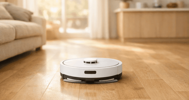 Warm, sunlit open-plan living space with light oak hardwood floors stretching across the frame. A sleek white robot vacuum and mop combo sits centered in the mid-ground on the gleaming floor, presented as a natural part of the home rather than a product shot.