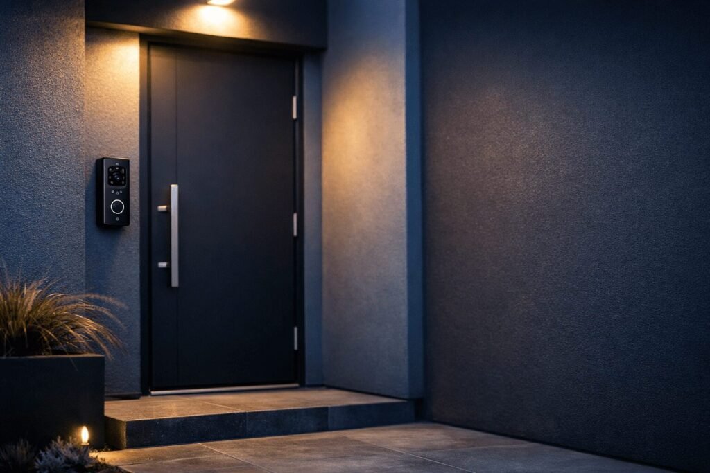 Modern front door entrance at dusk, sleek smart doorbell camera mounted beside a dark charcoal door, soft porch lighting casting warm glow against cool evening tones, shallow depth of field, clean architectural lines, slate blue and deep charcoal color palette with soft white accents