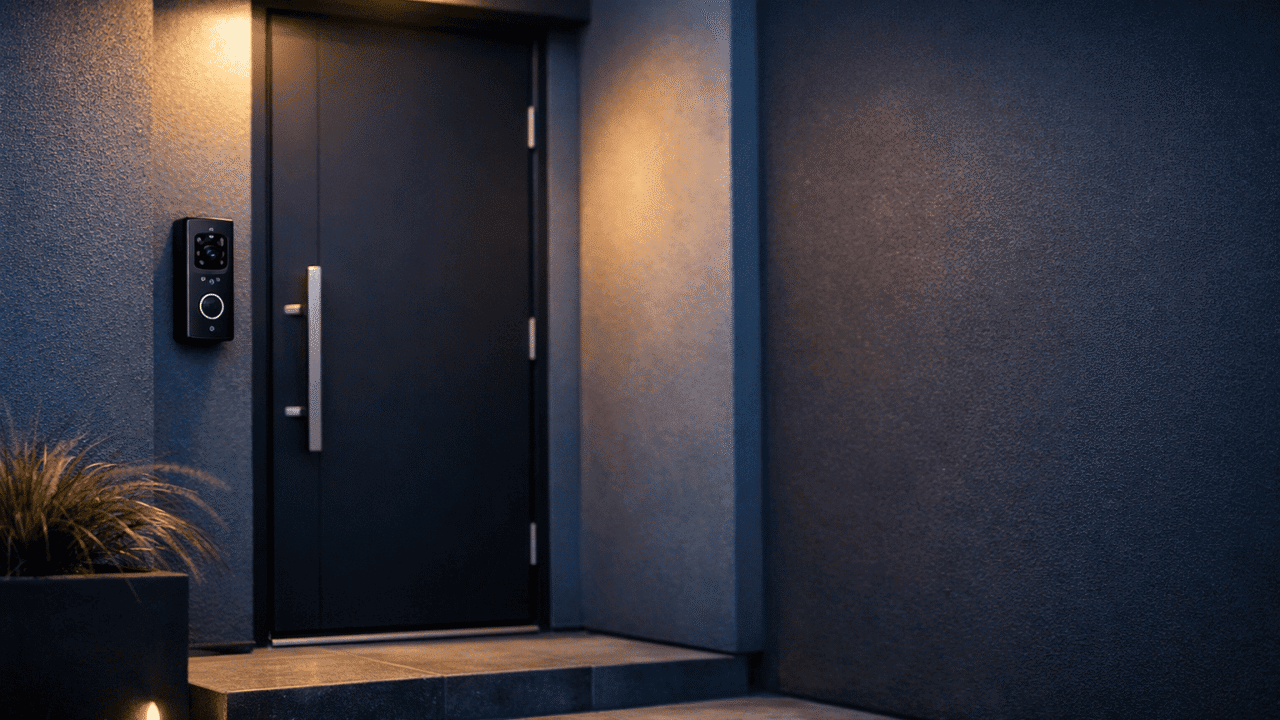 Modern front door entrance at dusk, sleek smart doorbell camera mounted beside a dark charcoal door, soft porch lighting casting warm glow against cool evening tones, shallow depth of field, clean architectural lines, slate blue and deep charcoal color palette with soft white accents