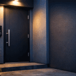 Modern front door entrance at dusk, sleek smart doorbell camera mounted beside a dark charcoal door, soft porch lighting casting warm glow against cool evening tones, shallow depth of field, clean architectural lines, slate blue and deep charcoal color palette with soft white accents