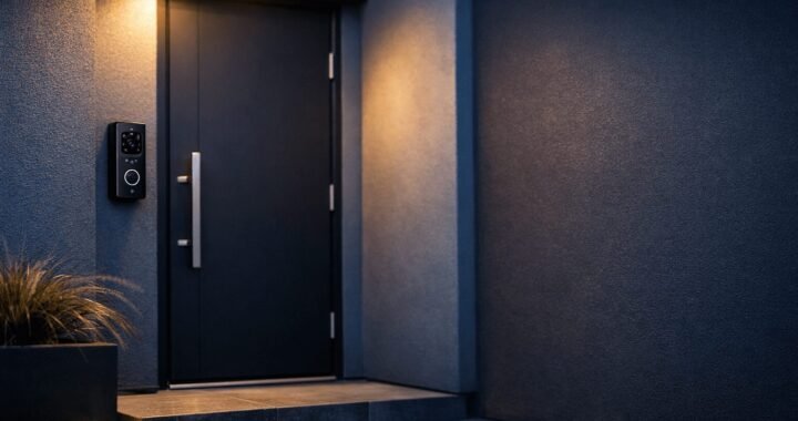 Modern front door entrance at dusk, sleek smart doorbell camera mounted beside a dark charcoal door, soft porch lighting casting warm glow against cool evening tones, shallow depth of field, clean architectural lines, slate blue and deep charcoal color palette with soft white accents
