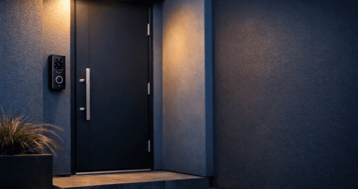 Modern front door entrance at dusk, sleek smart doorbell camera mounted beside a dark charcoal door, soft porch lighting casting warm glow against cool evening tones, shallow depth of field, clean architectural lines, slate blue and deep charcoal color palette with soft white accents