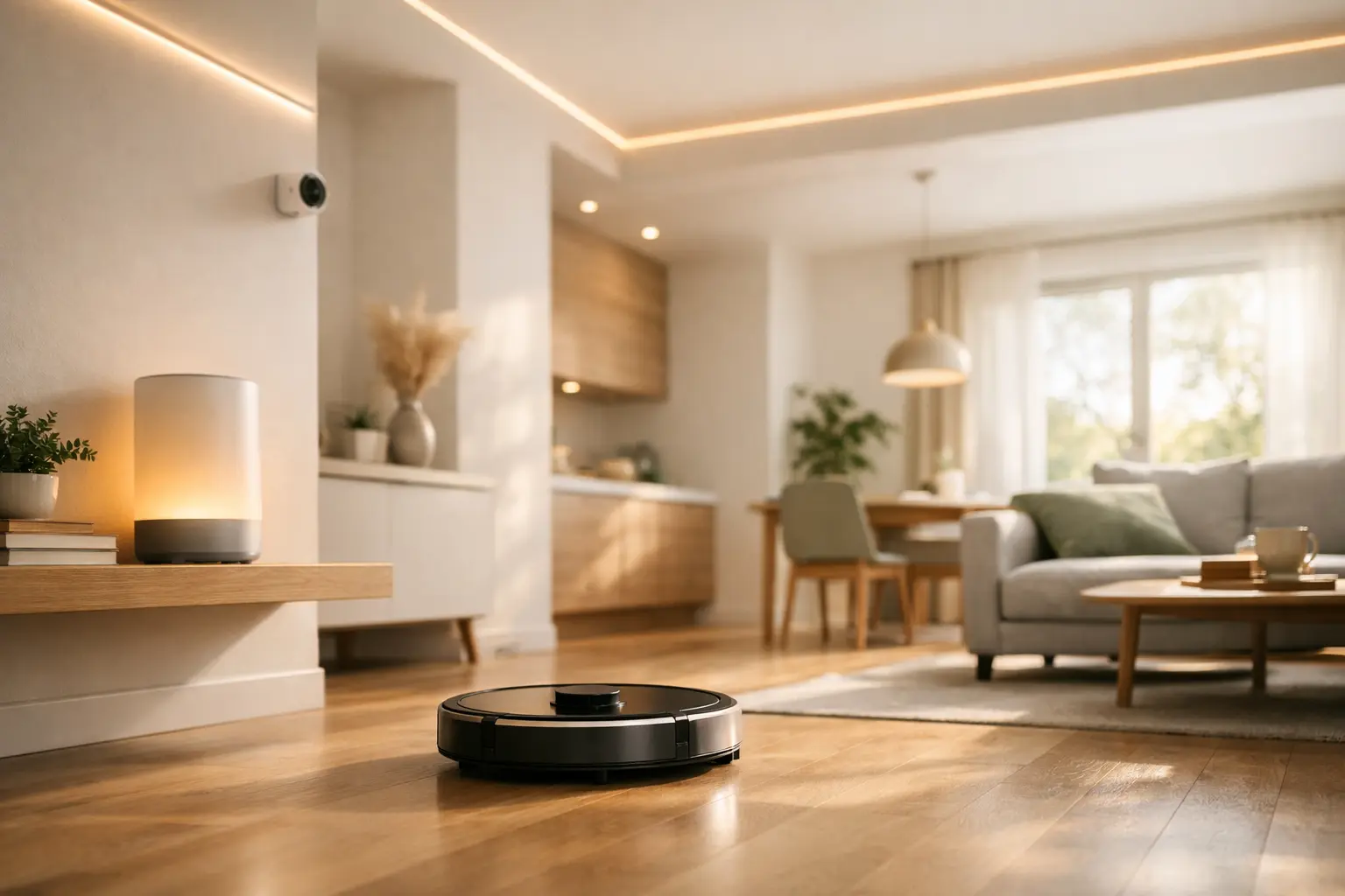 Based on the cover image prompt, here's a strong alt text for it:
Recommended:
"Modern smart home living room with robot vacuum, air purifier, and smart LED lighting — SmartHomeLabs
