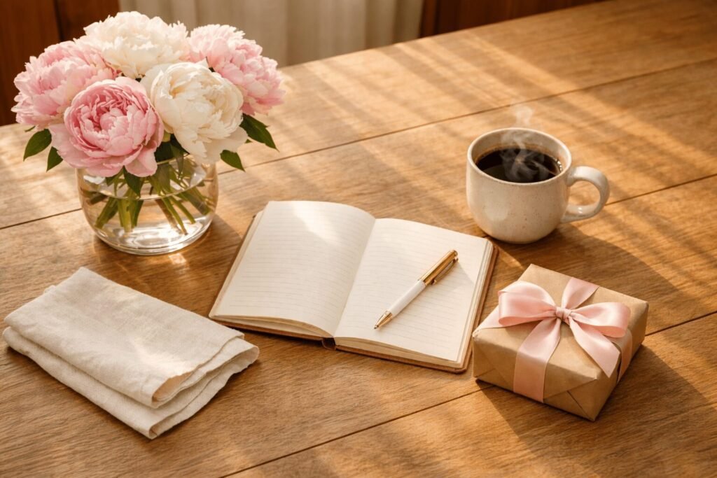 Warm Mother's Day flat lay on a wooden table featuring pink and white peonies in a glass vase, an open journal with a gold pen, a steaming coffee mug, a kraft paper gift box with a pink satin ribbon, and a folded linen napkin