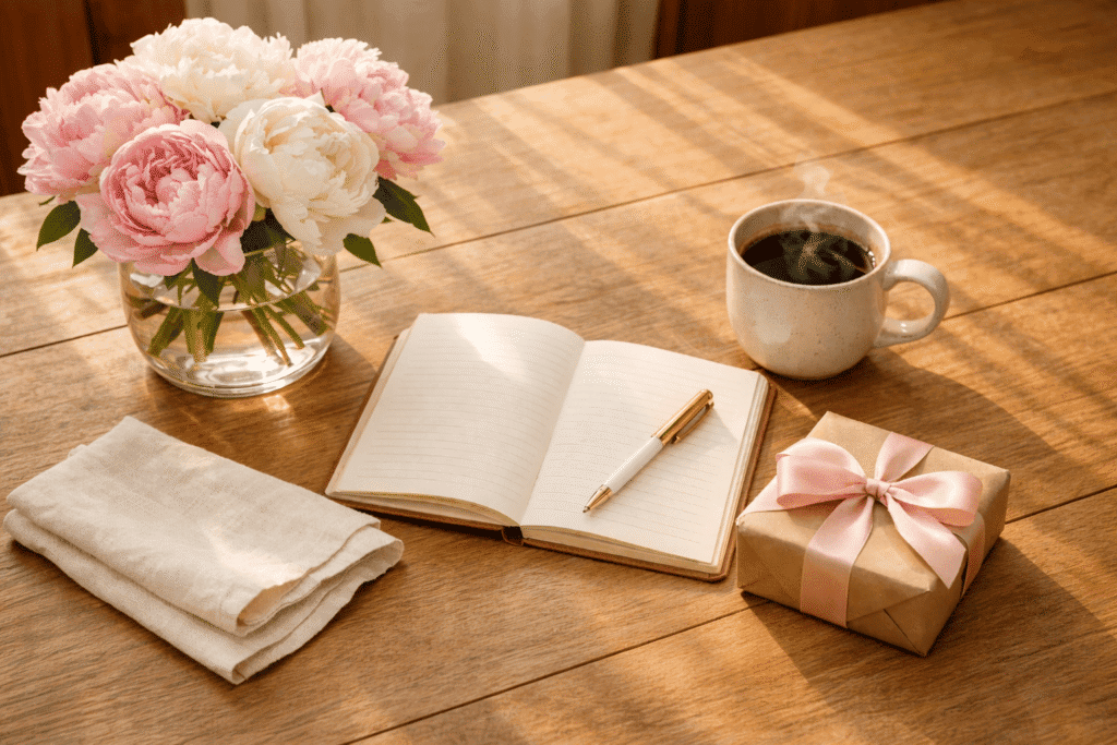 Warm Mother's Day flat lay on a wooden table featuring pink and white peonies in a glass vase, an open journal with a gold pen, a steaming coffee mug, a kraft paper gift box with a pink satin ribbon, and a folded linen napkin