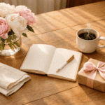 Warm Mother's Day flat lay on a wooden table featuring pink and white peonies in a glass vase, an open journal with a gold pen, a steaming coffee mug, a kraft paper gift box with a pink satin ribbon, and a folded linen napkin