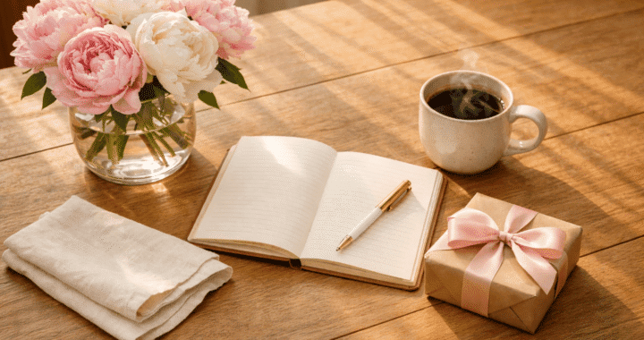 Warm Mother's Day flat lay on a wooden table featuring pink and white peonies in a glass vase, an open journal with a gold pen, a steaming coffee mug, a kraft paper gift box with a pink satin ribbon, and a folded linen napkin