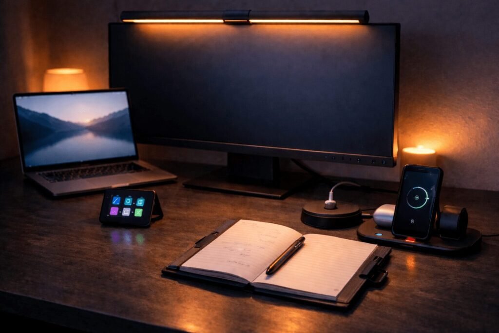 evening home office desk setup with RGB volume knob stream deck and wireless charging, work from home upgrades