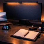 evening home office desk setup with RGB volume knob stream deck and wireless charging, work from home upgrades