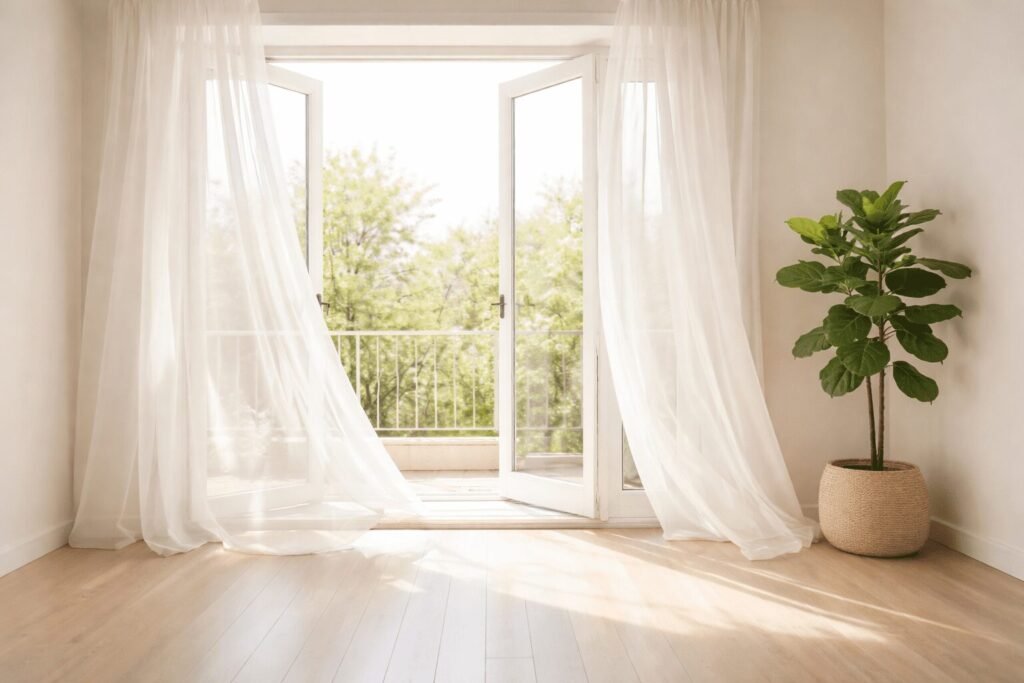 A wide open window in a clean minimal living space, sheer white curtains gently moving in a spring breeze. Gleaming floors below, a potted fiddle leaf fig in the corner, soft diffused daylight filling the room. Cream and warm white tones