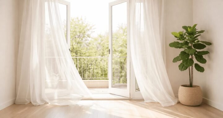 A wide open window in a clean minimal living space, sheer white curtains gently moving in a spring breeze. Gleaming floors below, a potted fiddle leaf fig in the corner, soft diffused daylight filling the room. Cream and warm white tones