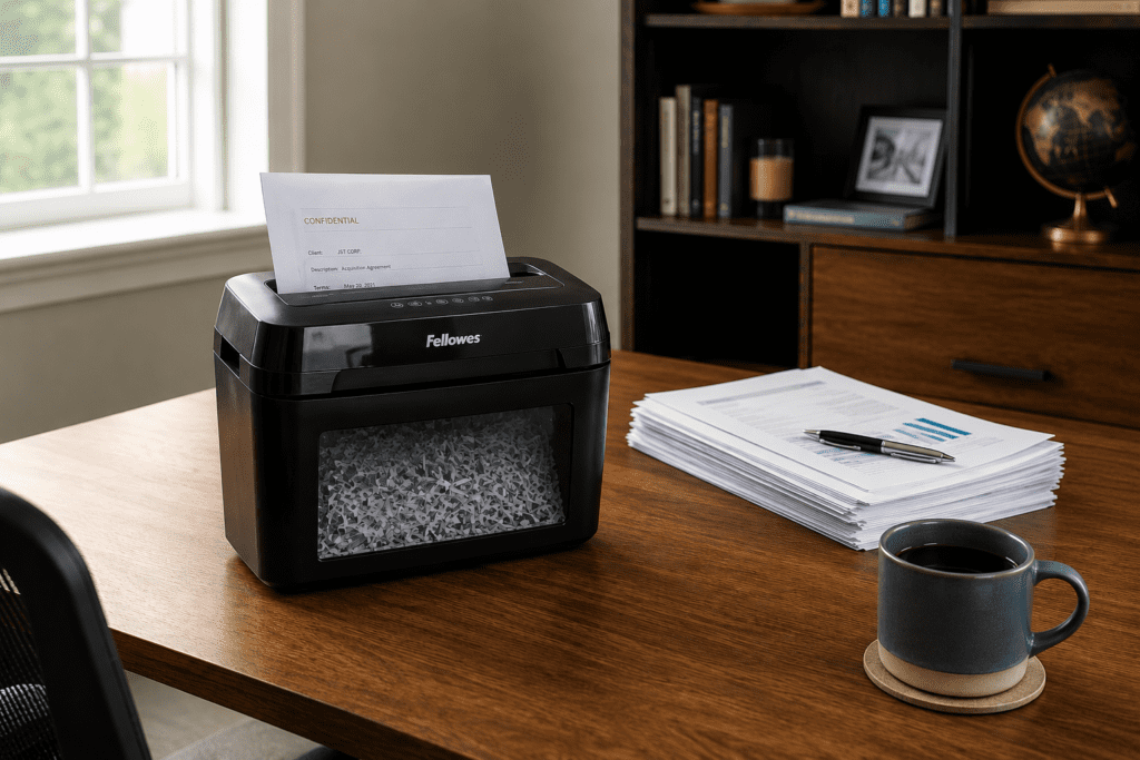 A tidy home office desk with a paper shredder running, a small stack of documents nearby, and a cup of coffee off to the side. Soft natural light from a nearby window, calm and productive atmosphere. Photorealistic lifestyle photo.
