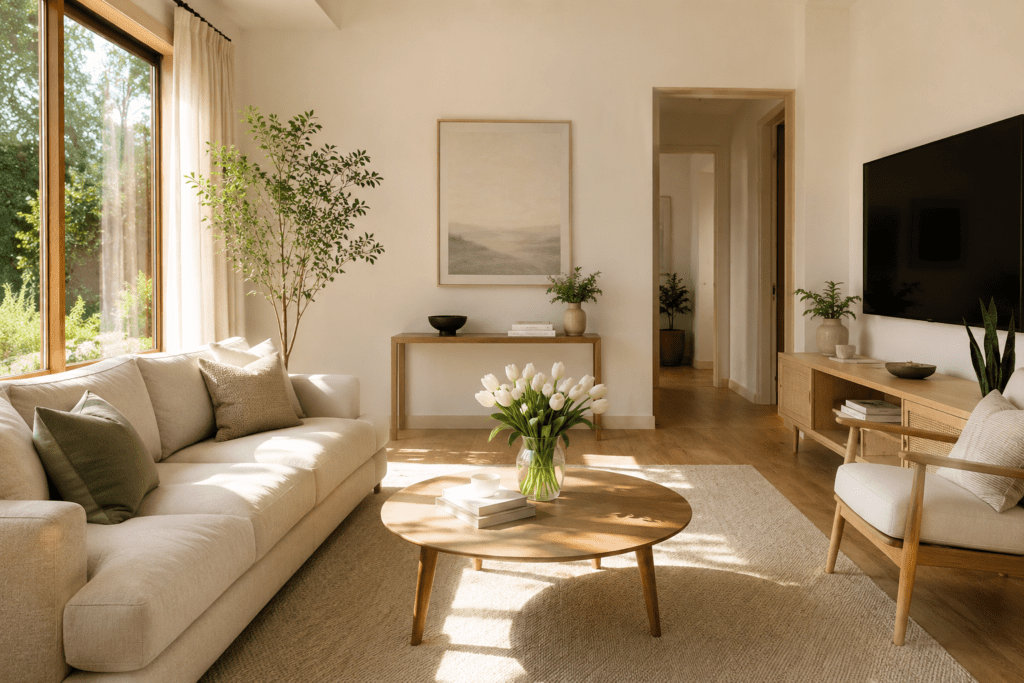 A beautifully clean and organized living room after a spring cleaning session — no clutter, fresh flowers on the coffee table, sunlight streaming in, modern minimalist decor. Warm and satisfying atmosphere. Photorealistic, lifestyle photography style.