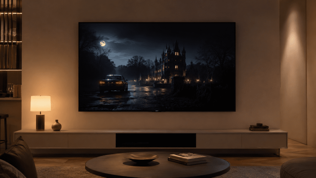 A full-array local dimming LCD TV mounted on a living room wall displaying a dark cinematic movie scene with deep uniform blacks and no backlight bleed. Warm ambient room lighting, minimal modern interior, no humans. Photorealistic lifestyle photography