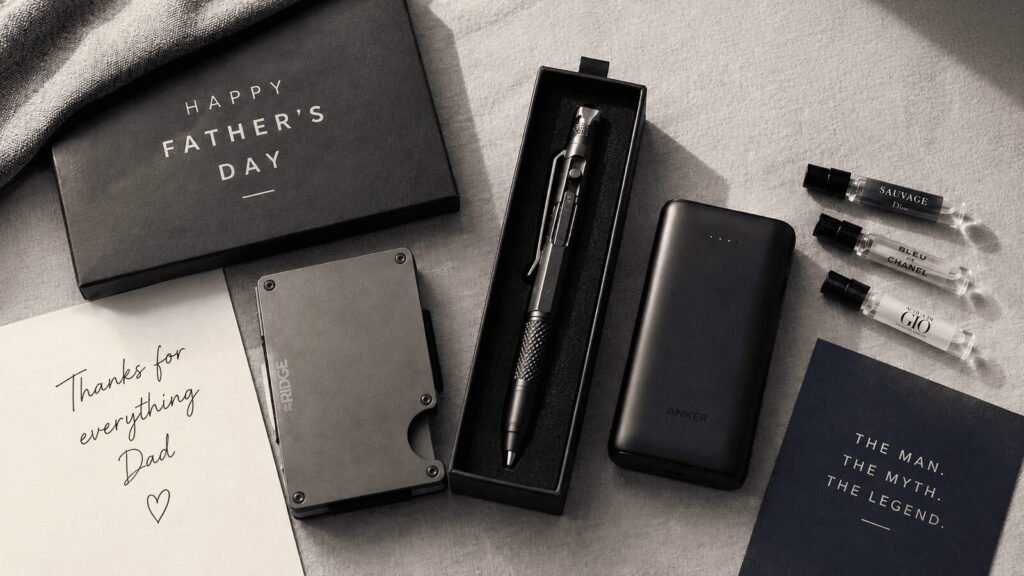 Neatly arranged Father's Day gift flatlay on a light grey linen surface, featuring a slim metal wallet, a multitool pen in a gift box, a compact power bank, and small cologne sample vials, warm natural window light, styled like a lifestyle magazine, top-down angle.