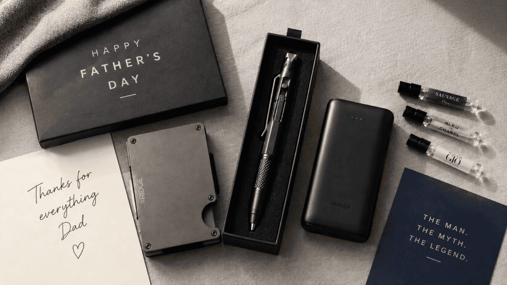 Neatly arranged Father's Day gift flatlay on a light grey linen surface, featuring a slim metal wallet, a multitool pen in a gift box, a compact power bank, and small cologne sample vials, warm natural window light, styled like a lifestyle magazine, top-down angle.
