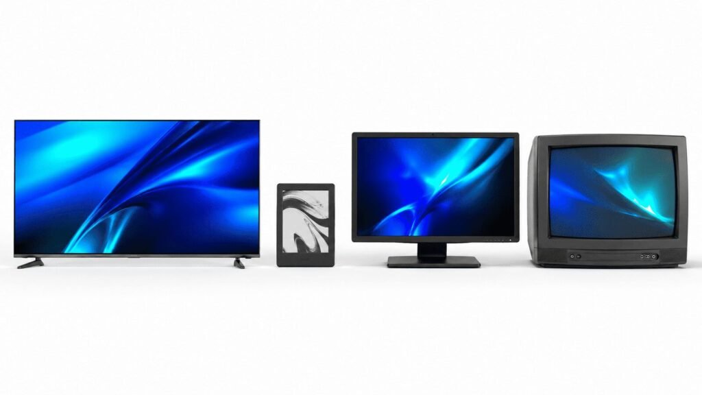 A clean flat-lay arrangement of four modern screens side by side on a pure white surface: a slim OLED TV panel, a Kindle e-reader, a desktop monitor, and a retro CRT television. Soft studio lighting, vivid cobalt blue and electric teal reflections on the screens.