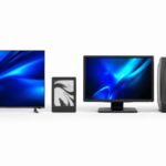 A clean flat-lay arrangement of four modern screens side by side on a pure white surface: a slim OLED TV panel, a Kindle e-reader, a desktop monitor, and a retro CRT television. Soft studio lighting, vivid cobalt blue and electric teal reflections on the screens.