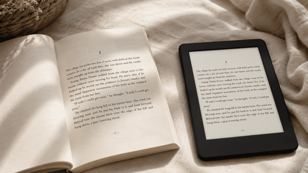A Kindle e-reader resting on a pale linen surface beside an open paperback book, both displaying the same page of text. Soft morning window light falls across both surfaces. The screen and paper look nearly identical in texture and tone.