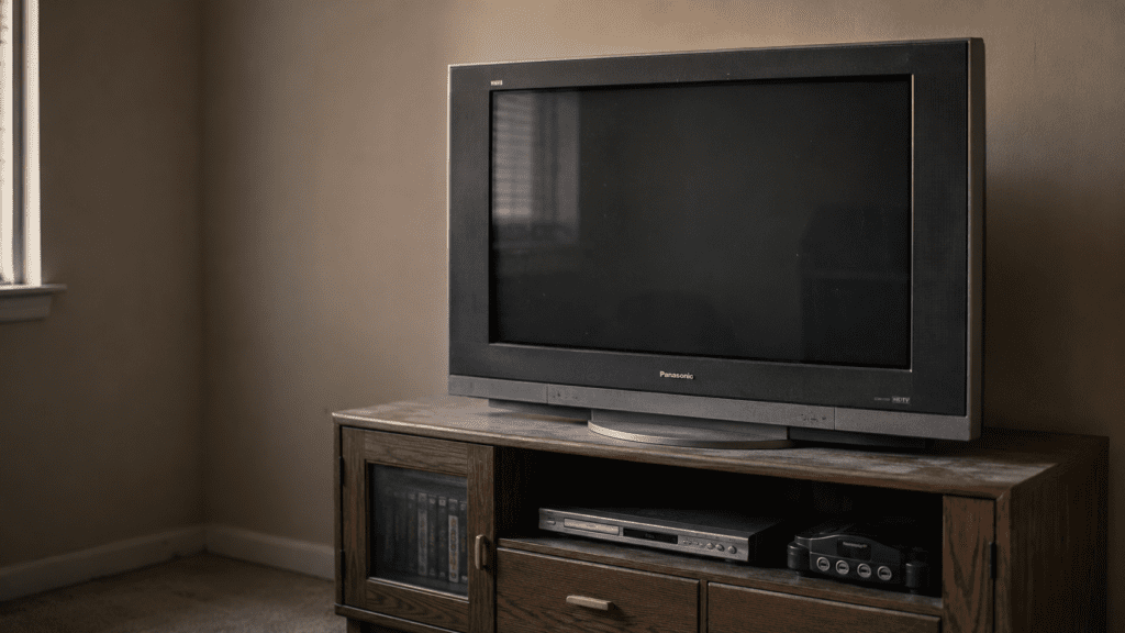 A dusty vintage plasma TV sitting alone on a mid-2000s wood-grain entertainment unit in an empty room. Screen is dark and reflects faint ambient room light. Slightly desaturated, nostalgic tone. Soft side lighting, shallow depth of field on the bezel.