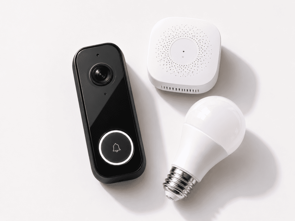 Flat lay of a sleek black doorbell camera, a small white air quality sensor, and a compact smart bulb lying on its side, arranged in a loose triangle on a clean white surface with soft natural light. Minimal styling, generous negative space, no hands, no people, no text. Bright white background, slightly warm tone. Shot from directly above. Product photography aesthetic, crisp and clean