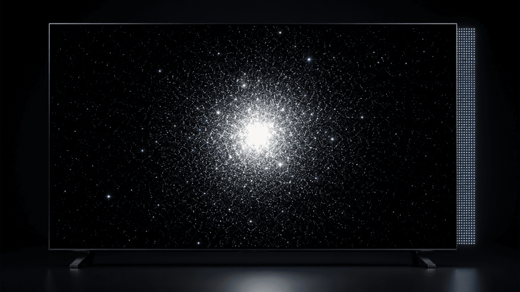 A premium Mini-LED TV panel face-on in a dark studio, displaying a deep space scene with a single bright star cluster. Dramatic contrast between pitch black zones and brilliant white highlights, with fine backlight grid visible at the panel edge