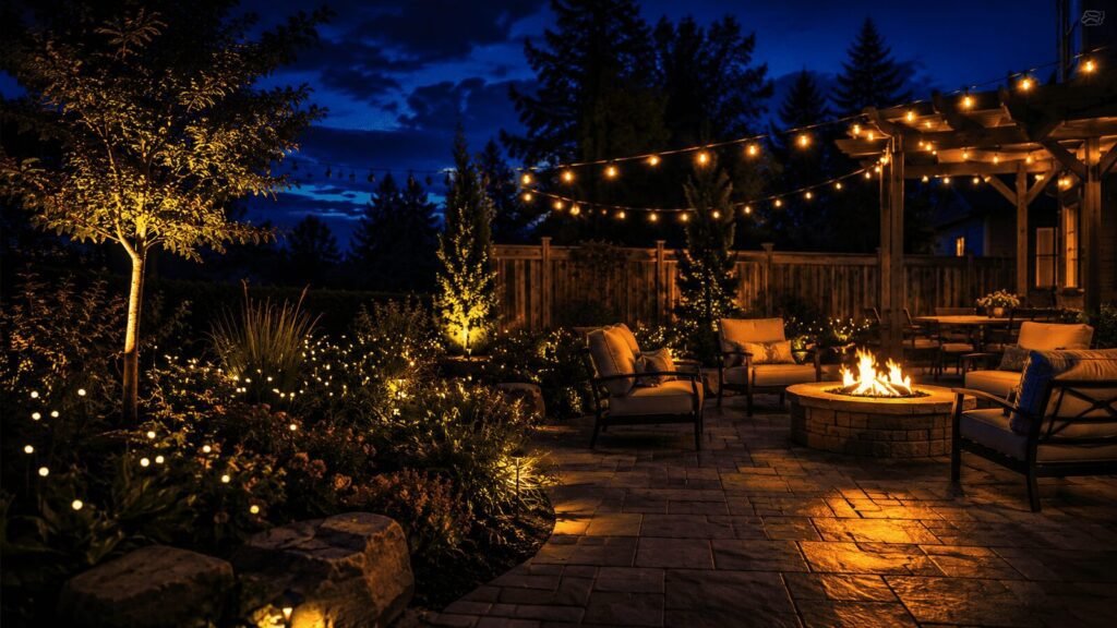 A beautifully lit backyard at night, solar firefly lights glowing throughout a garden bed, string lights overhead, a gas fire pit casting warm light across an empty patio, cinematic wide angle shot, deep blue sky, dramatic contrast between warm and cool light