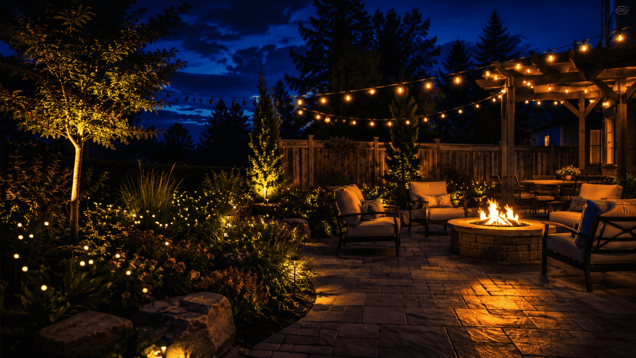 A beautifully lit backyard at night, solar firefly lights glowing throughout a garden bed, string lights overhead, a gas fire pit casting warm light across an empty patio, cinematic wide angle shot, deep blue sky, dramatic contrast between warm and cool light