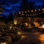 A beautifully lit backyard at night, solar firefly lights glowing throughout a garden bed, string lights overhead, a gas fire pit casting warm light across an empty patio, cinematic wide angle shot, deep blue sky, dramatic contrast between warm and cool light