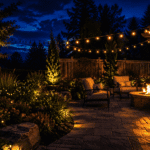A beautifully lit backyard at night, solar firefly lights glowing throughout a garden bed, string lights overhead, a gas fire pit casting warm light across an empty patio, cinematic wide angle shot, deep blue sky, dramatic contrast between warm and cool light
