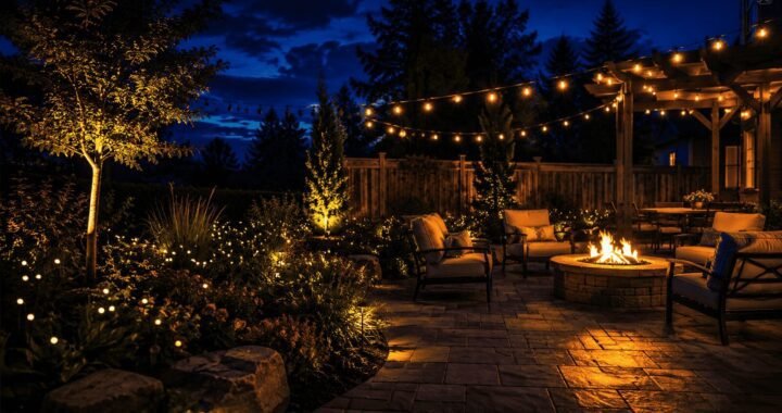 A beautifully lit backyard at night, solar firefly lights glowing throughout a garden bed, string lights overhead, a gas fire pit casting warm light across an empty patio, cinematic wide angle shot, deep blue sky, dramatic contrast between warm and cool light