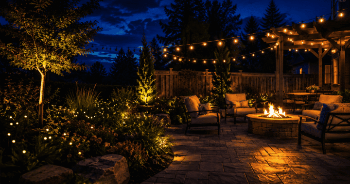 A beautifully lit backyard at night, solar firefly lights glowing throughout a garden bed, string lights overhead, a gas fire pit casting warm light across an empty patio, cinematic wide angle shot, deep blue sky, dramatic contrast between warm and cool light