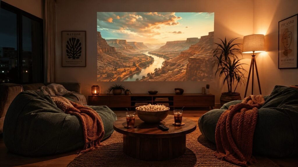A warm, dimly lit living room at night with a large projected image glowing on a white wall. A round coffee table in the foreground holds a popcorn bowl, two drinks, and a small remote. Two oversized bean bags face the screen with chunky knit blankets draped over them. Soft amber light from a floor lamp behind the seating. Teal and warm terracotta color tones throughout. Cinematic, lifestyle photography style