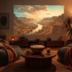A warm, dimly lit living room at night with a large projected image glowing on a white wall. A round coffee table in the foreground holds a popcorn bowl, two drinks, and a small remote. Two oversized bean bags face the screen with chunky knit blankets draped over them. Soft amber light from a floor lamp behind the seating. Teal and warm terracotta color tones throughout. Cinematic, lifestyle photography style