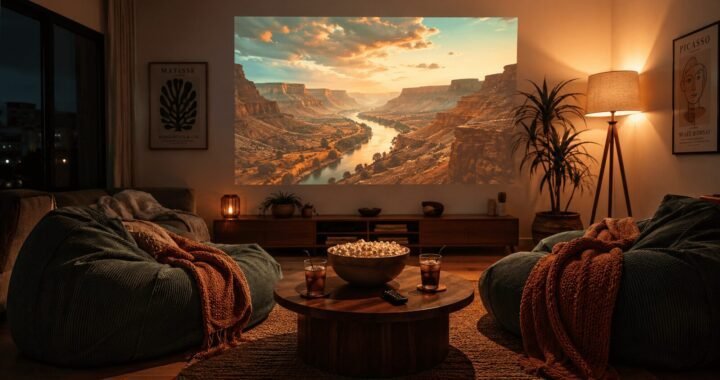 A warm, dimly lit living room at night with a large projected image glowing on a white wall. A round coffee table in the foreground holds a popcorn bowl, two drinks, and a small remote. Two oversized bean bags face the screen with chunky knit blankets draped over them. Soft amber light from a floor lamp behind the seating. Teal and warm terracotta color tones throughout. Cinematic, lifestyle photography style