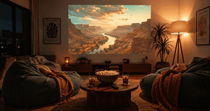 A warm, dimly lit living room at night with a large projected image glowing on a white wall. A round coffee table in the foreground holds a popcorn bowl, two drinks, and a small remote. Two oversized bean bags face the screen with chunky knit blankets draped over them. Soft amber light from a floor lamp behind the seating. Teal and warm terracotta color tones throughout. Cinematic, lifestyle photography style