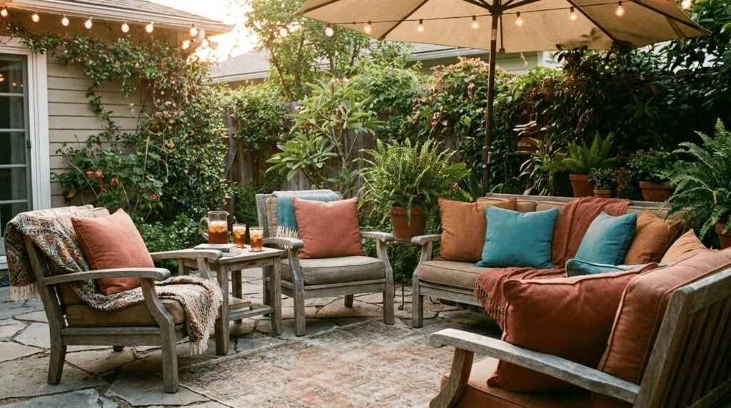 A cozy backyard patio at golden hour, warm string lights overhead, comfortable outdoor seating with cushions in terracotta and warm teal tones, a small side table with drinks, a shade umbrella, lush greenery in the background, inviting and lived-in atmosphere, photorealistic lifestyle photography, soft warm evening light