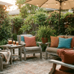 A cozy backyard patio at golden hour, warm string lights overhead, comfortable outdoor seating with cushions in terracotta and warm teal tones, a small side table with drinks, a shade umbrella, lush greenery in the background, inviting and lived-in atmosphere, photorealistic lifestyle photography, soft warm evening light