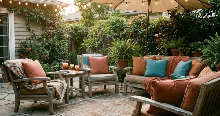 A cozy backyard patio at golden hour, warm string lights overhead, comfortable outdoor seating with cushions in terracotta and warm teal tones, a small side table with drinks, a shade umbrella, lush greenery in the background, inviting and lived-in atmosphere, photorealistic lifestyle photography, soft warm evening light