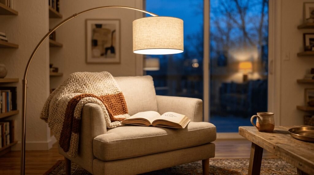 A bright airy editorial lifestyle photograph of a modern arc floor lamp with a linen shade curving over a cozy armchair in a warm living room at dusk, its soft light glowing onto an open book left on the seat, a knit throw draped over the chair arm, a wooden side table with a ceramic mug, low warm lamplight filling the room.