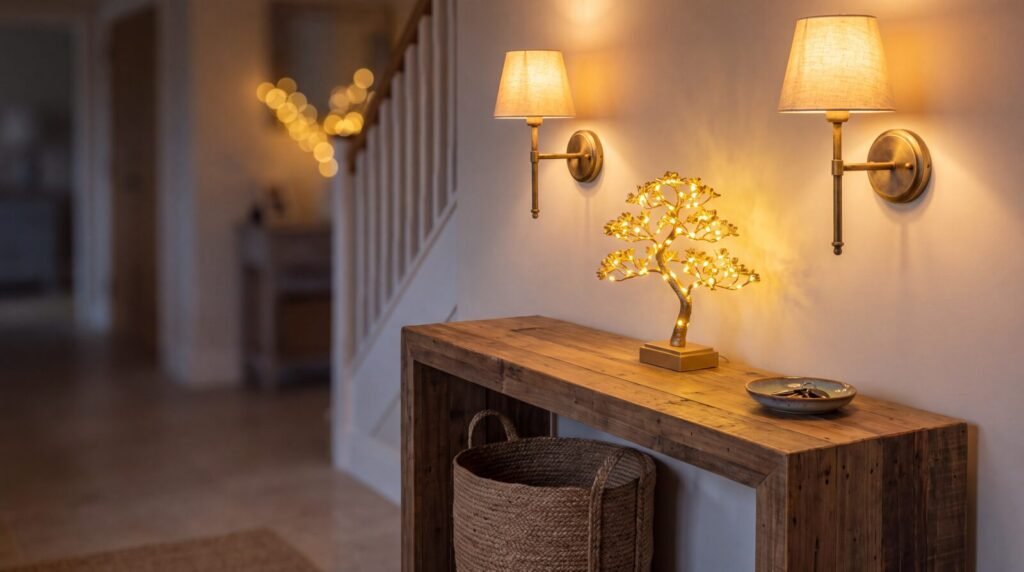 A welcoming entryway at dusk, two tall brass wall sconces glowing warmly above a wooden console table, a lit decorative bonsai tree light casting a soft golden glow across the console, a woven basket below and keys in a small ceramic dish, warm inviting light.