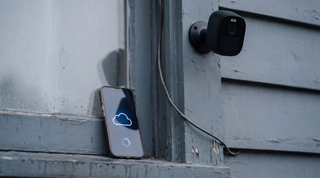 Outdoor security camera next to a smartphone displaying a cloud storage icon