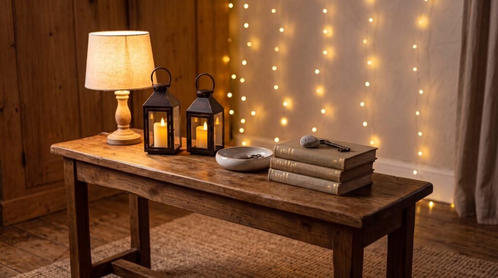 A styled wooden console table glowing with a mix of warm accent lights at dusk, a small table lamp, two candle-like metal lanterns, and soft string-light bokeh behind, warm cream and wood tones, a ceramic dish and a few stacked books, inviting golden ambiance